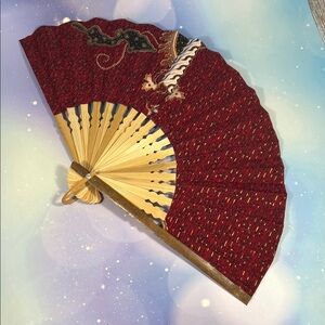 Red Patterned Hand Fan with Bamboo Wooden Ribs -New